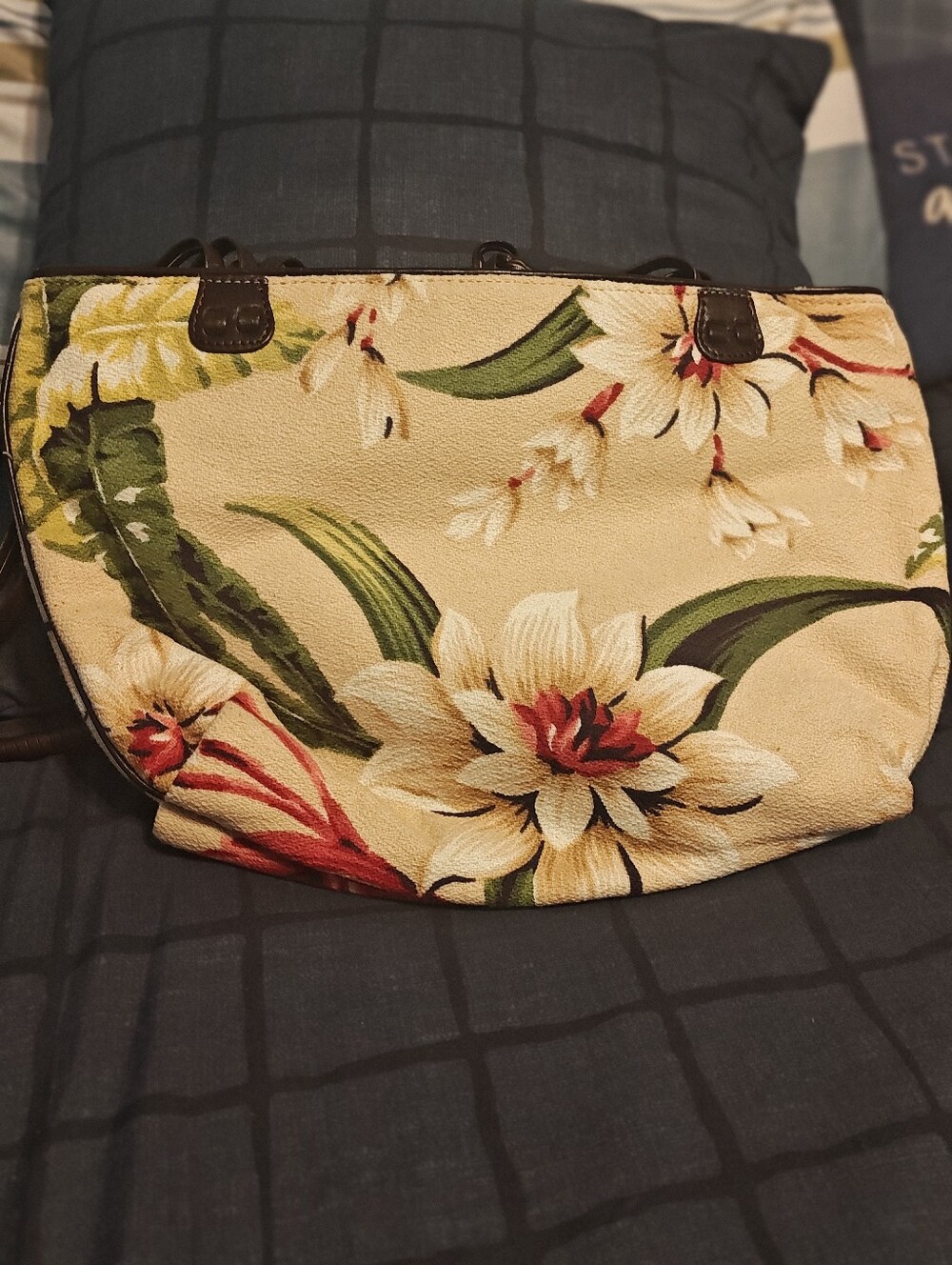 Tommy Bahama Floral Canvas Tote Bag - Cream with Green & Red Accents